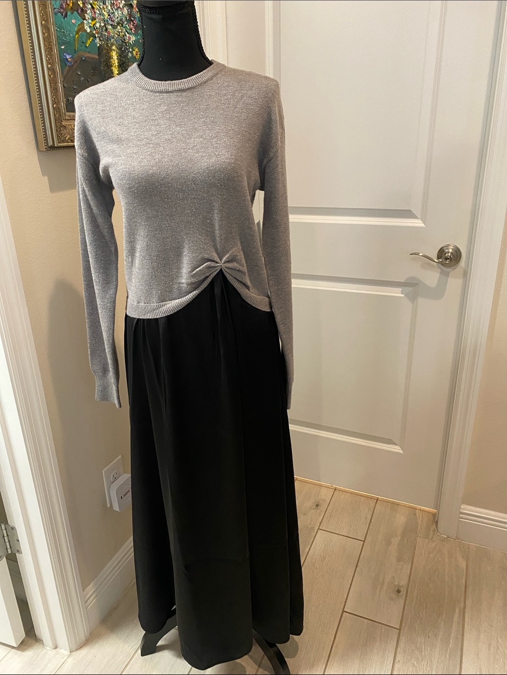 Ellen Tracy Black Maxi Dress with Heather Gray Top sweater Detail